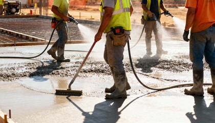 Medium shot of summer concrete pour with crew applying curing compounds and misting water to...