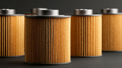 Cylindrical automotive oil filters with pleated paper elements arranged symmetrically on a dark matte surface for vehicle maintenance and engine protection