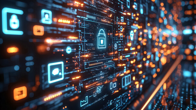 Futuristic cybersecurity network with symbols, encrypted data flow, neon digital grid. Online privacy, data protection, secure systems. Background for Black Friday or Cyber Monday promotion concepts.