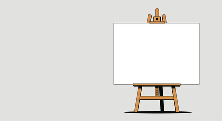 Wooden artist easel standing with a blank white canvas ready for painting or a message with ample copy space on a gray background.
