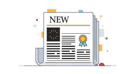 Modern line art illustration of a folded newspaper with the headline NEW featuring a quality seal for breaking news and announcements.