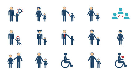 Collection of flat pictograms and icons representing diverse family structures parents and children and people with disabilities.