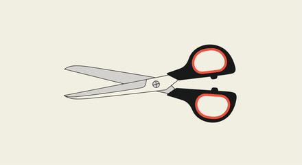 Simple vector illustration of a standard pair of scissors with black and red handles partially open on a plain light-colored background.