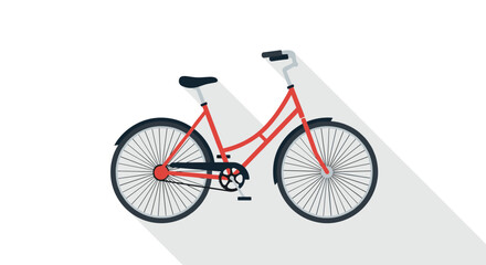 Red city bicycle illustration in a flat design style with a prominent long shadow creating a modern and clean look on white.