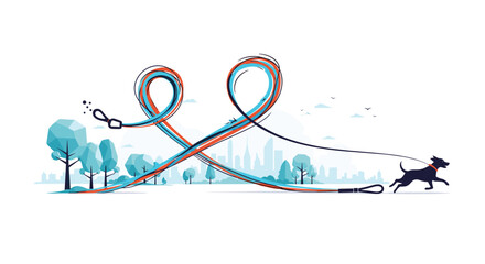 Stylized illustration of a dog running free in a park with its long leash creating artistic loops against a distant city skyline.