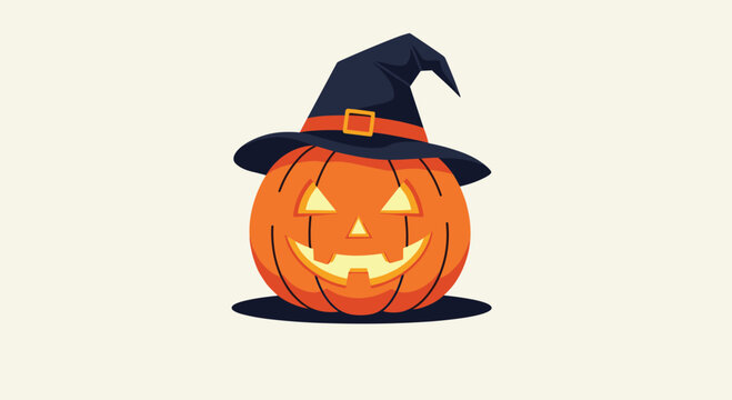 Cartoon illustration of a glowing Halloween jack-o-lantern wearing a pointy black witch hat for a spooky and festive autumn celebration.