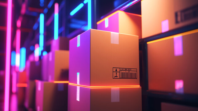 Cardboard boxes in warehouse illuminated by pink and blue neon lights. Smart e-commerce logistics, distribution, digital supply chain, black Friday, Cyber Monday, seasonal sales, retail marketing. - Powered by Adobe