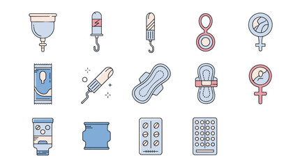 Collection of pastel-colored line art icons representing various feminine hygiene and menstrual cycle products like pads and tampons.