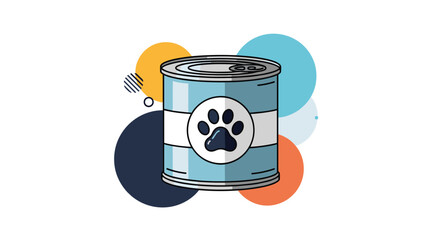 Modern illustration of a can of wet pet food with a paw print logo on the label against a background of colorful abstract circles.