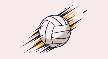 Stylized illustration of a volleyball in fast motion with dynamic black and orange speed lines emphasizing action and energy.