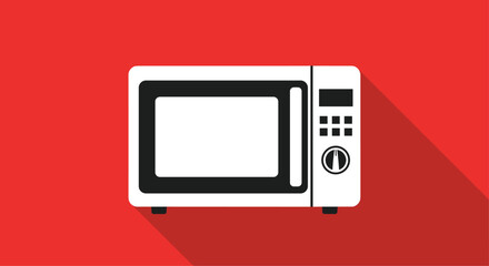 Simple white icon of a modern microwave oven with a digital display in a flat design style with a long shadow on a red background.