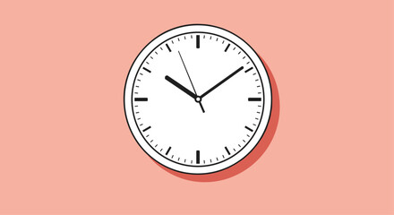 Minimalist illustration of a classic round analog wall clock showing the time with a slight shadow on a solid pink background.