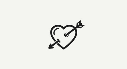Minimalist black line art icon of a heart pierced by Cupid's arrow symbolizing love and romance for Valentine's Day.