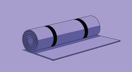 Illustration of a purple exercise mat partially unrolled ready for a yoga pilates or fitness workout on a solid color background.