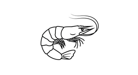 Simple black and white line art illustration of a shrimp or prawn for a seafood restaurant menu or logo on a white background.