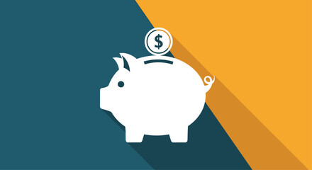 White flat icon of a piggy bank with a dollar coin symbolizing savings investment and financial planning with a long shadow.