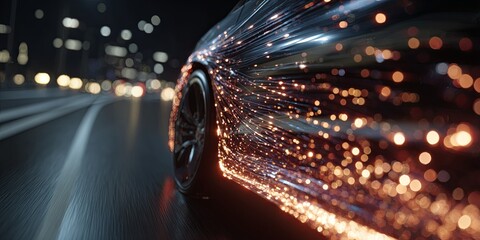 Captivating Night Scene of a Car in Motion with Light Trails and Blurred Background Creating Dynamic Energy and Movement Effect