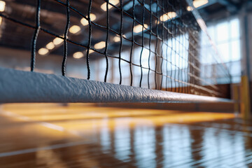 Focused view of an indoor volleyball net with polished wooden floor reflecting ceiling lights inside a spacious sports gymnasium during daytime practice session
