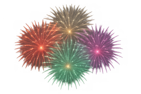 Bright colorful fireworks exploding on transparent background, ideal for celebration, party, and festive event overlay designs