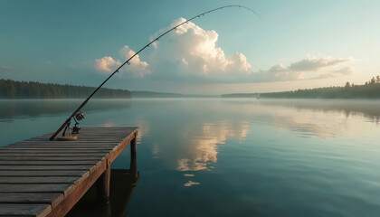 Fishing rod on wooden dock over calm lake water. Clouds reflect on lake surface. Peaceful serene atmosphere. Wooden pier extends into still water. Forest surrounds calm lake at sunrise or sunset.