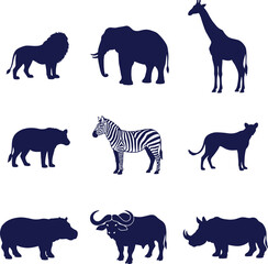 Obraz premium Nine dark blue African savanna animal silhouettes on a white background lion elephant
