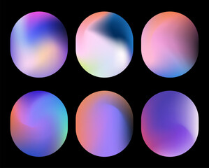 Vector illustration showcases six rounded abstract shapes with smooth gradients and vibrant, pastel colors. The style is modern and minimalistic, set against a black background for strong contrast.