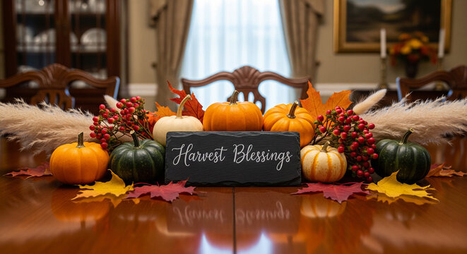 Elegant Thanksgiving centerpiece featuring pumpkins and autumn foliage on a wooden table, ideal for holiday greetings, invitations, harvest-themed designs, or seasonal decor. - Powered by Adobe