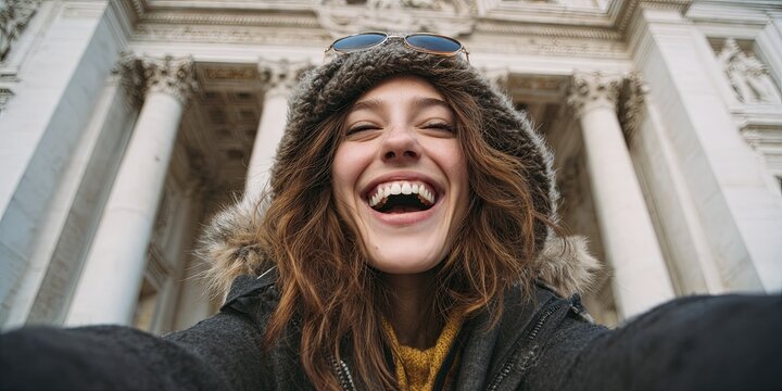 A candid moment of a young woman laughing while taking a selfie in front of a famous monument, natural light, genuine emotion, modern travel lifestyle.