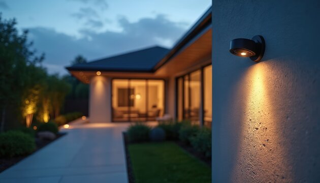 Modern house exterior at dusk with security camera illuminating pathway. Smart home device offers safety, surveillance, and outdoor lighting. Evening scene shows illumination on wall and walkway.