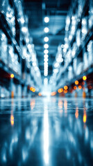 Blurred business background showing warehouse interior with soft bokeh lights creating an abstract modern industrial feel symbolizing professionalism focus productivity and corporate environment