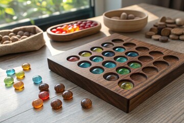 Classic wooden solitaire board game with vibrant glass marbles and pieces