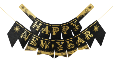 Elegant black and gold Happy New Year banner decoration ready for festive celebration party decor