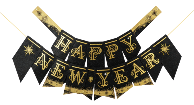 Elegant black and gold Happy New Year banner decoration ready for festive celebration party decor