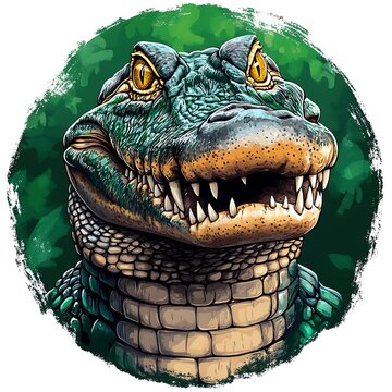 Fierce Alligator Head with Yellow Eyes and Green Foliage photo Background Keywords: alligator