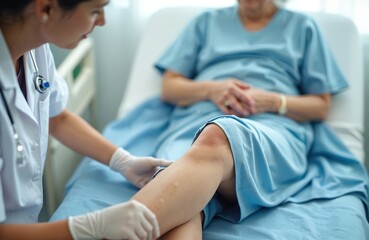 Obraz premium Doctor checks Asian senior woman patient after knee replacement operation in hospital room. Nurse examines leg after surgery. Medicine health treatment therapy healthcare concept