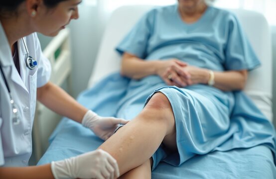Doctor checks Asian senior woman patient after knee replacement operation in hospital room. Nurse examines leg after surgery. Medicine health treatment therapy healthcare concept