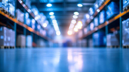 Blurred business background showing warehouse interior with soft bokeh lights creating an abstract modern industrial feel symbolizing professionalism focus productivity and corporate environment