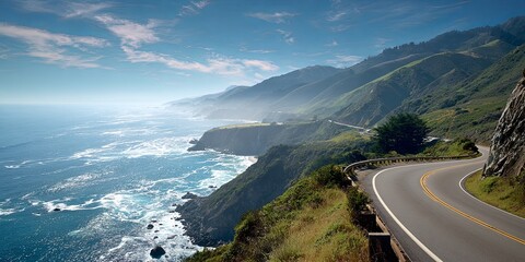 A winding coastal road following the edge of steep green hills, overlooking the vast, hazy ocean horizon, cinematic wide shot, promoting freedom and road trips.