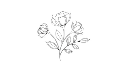 Delicate line drawing of blooming roses with leaves in monochrome illustration.