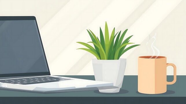 Modern workspace featuring laptop, fresh plant, and steaming coffee mug for a productive and inviting work from home environment
