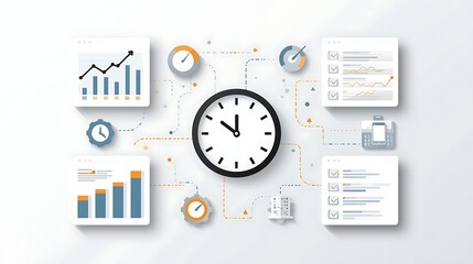 Modern business management tools illustration with clock, charts, and checklists for time management and productivity solutions in corporate strategy