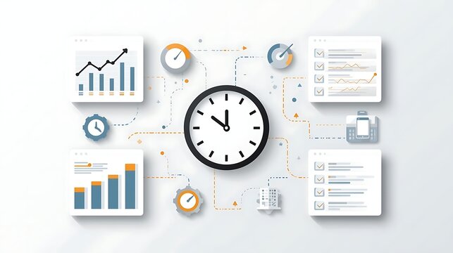 Modern business management tools illustration with clock, charts, and checklists for time management and productivity solutions in corporate strategy