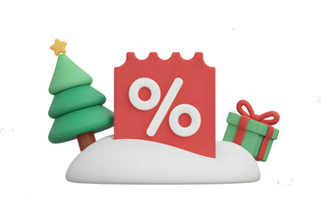 Festive christmas sale promotion with tree gift and discount percentage on snow on transparent background