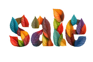 Colorful autumn leaves arranged to spell out the word sale on transparent background