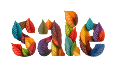 Colorful autumn leaves arranged to spell out the word sale on transparent background