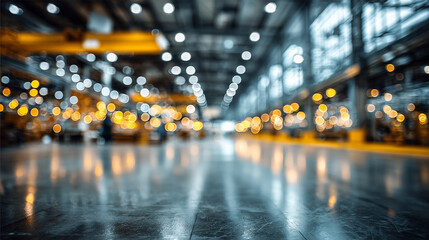 Blurred business background showing warehouse interior with soft bokeh lights creating an abstract modern industrial feel symbolizing professionalism focus productivity and corporate environment