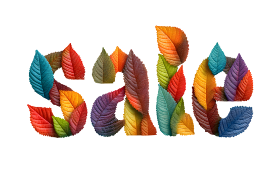 Colorful autumn leaves arranged to spell out the word sale on transparent background