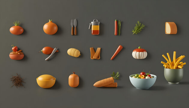 A collection of food items including carrots, bread, and a bowl of salad