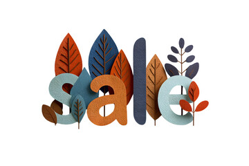 Autumn sale promotion with colorful leaves and textured letters on transparent background