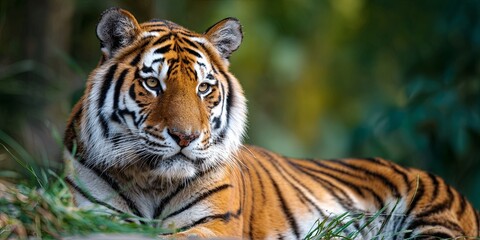 Fototapeta premium Majestic tiger resting in a natural habitat, showcasing vibrant orange and black stripes, with a blurred green background highlighting its beauty.